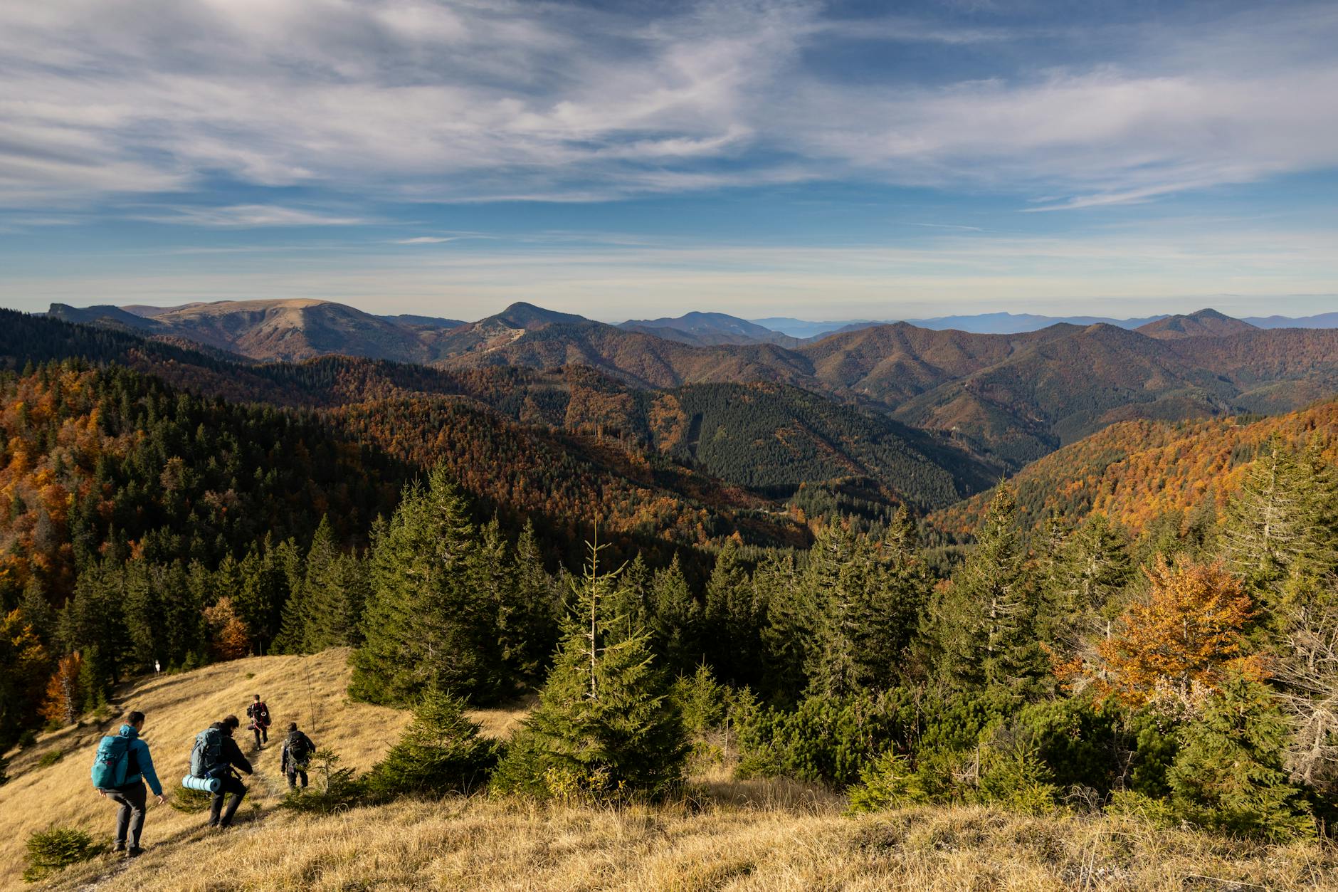 Turyści na jesiennym szlaku górskim w Beskidach